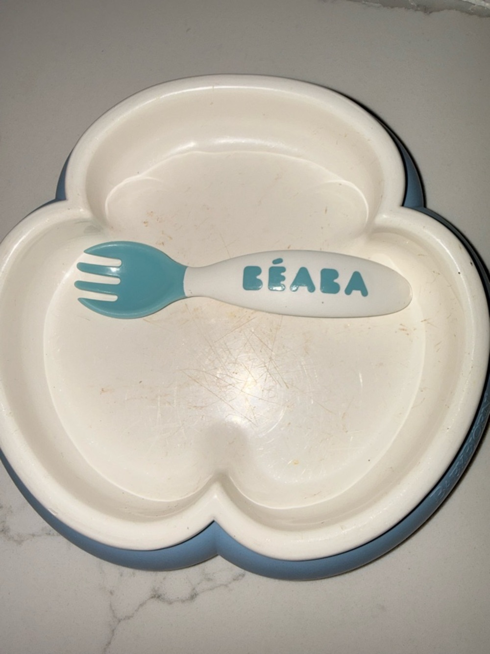 Beaba Kids Suction Plate with Matching Fork — Blue & White - Picture 3 of 6
